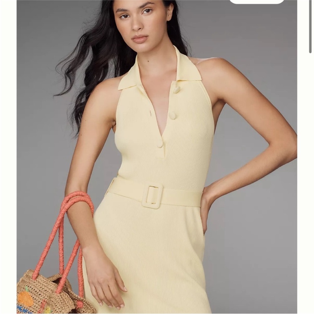 Anthropologie Pale Yellow Sleeveless Halter Dress with Belt